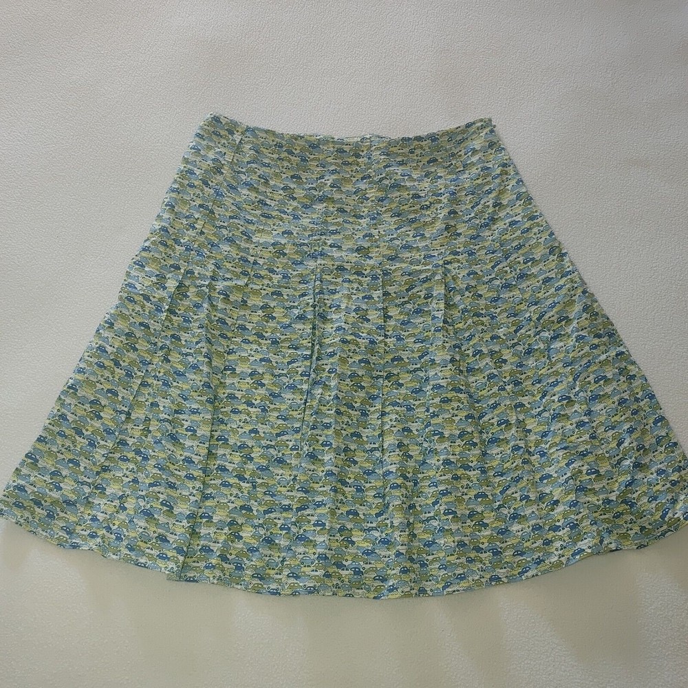 J Crew Pleated Mini Skirt Size 2 Blue Green White Cars Side Zip Closure